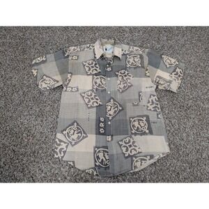 Vintage Goouch Abstract Button Down Shirt Mens Medium Silk Linen Brown Tan